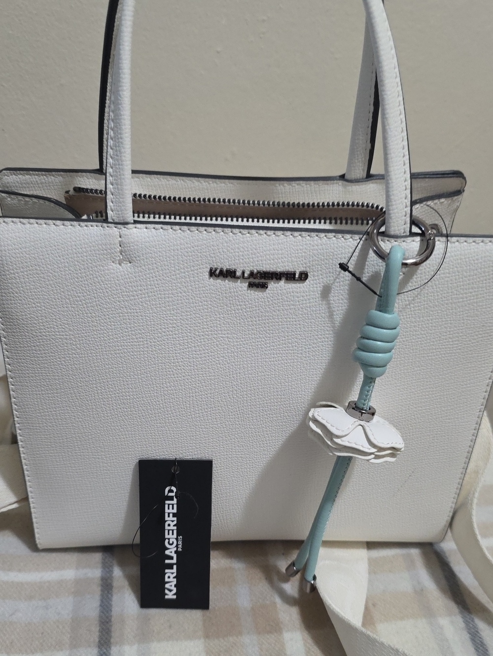 Karl Lagerfeld White Tote with Light Blue Leather Charm